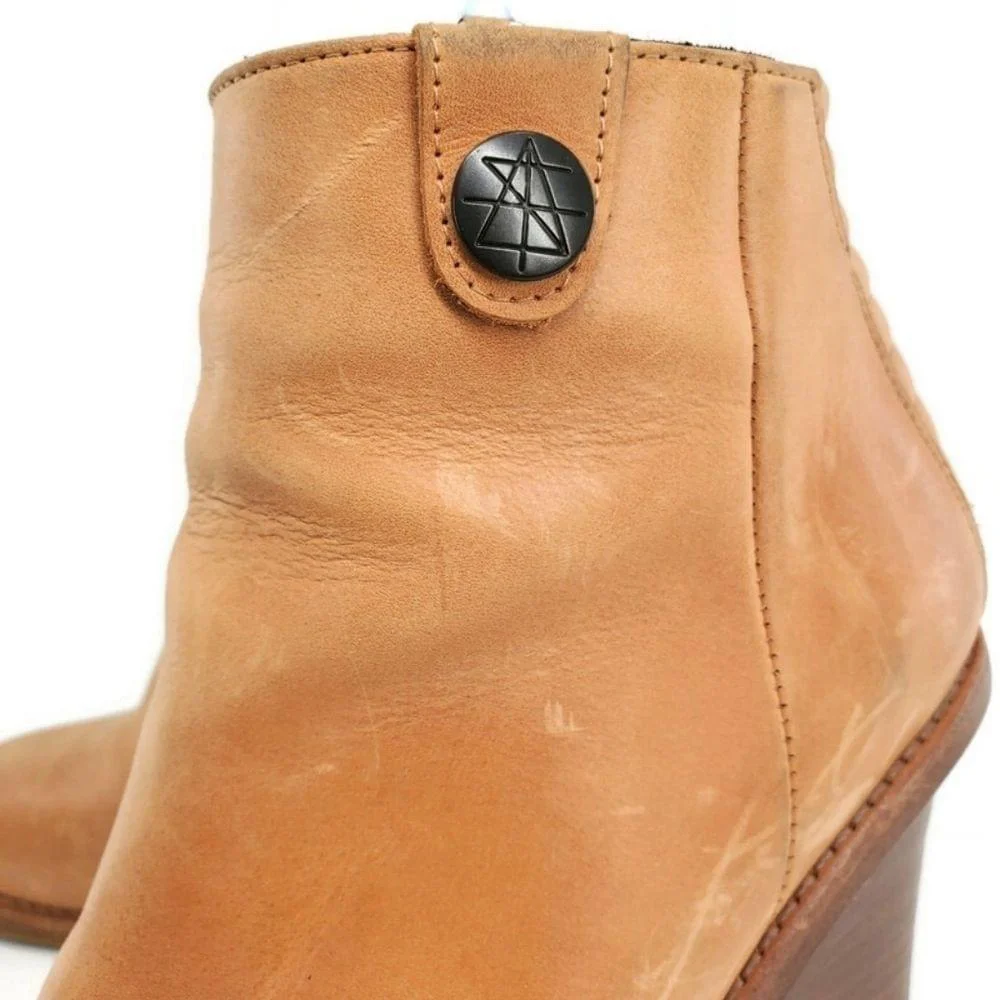 Surface To Air Tan Leather Stacked Block Side-Zip Almond Toe Ankle Boots